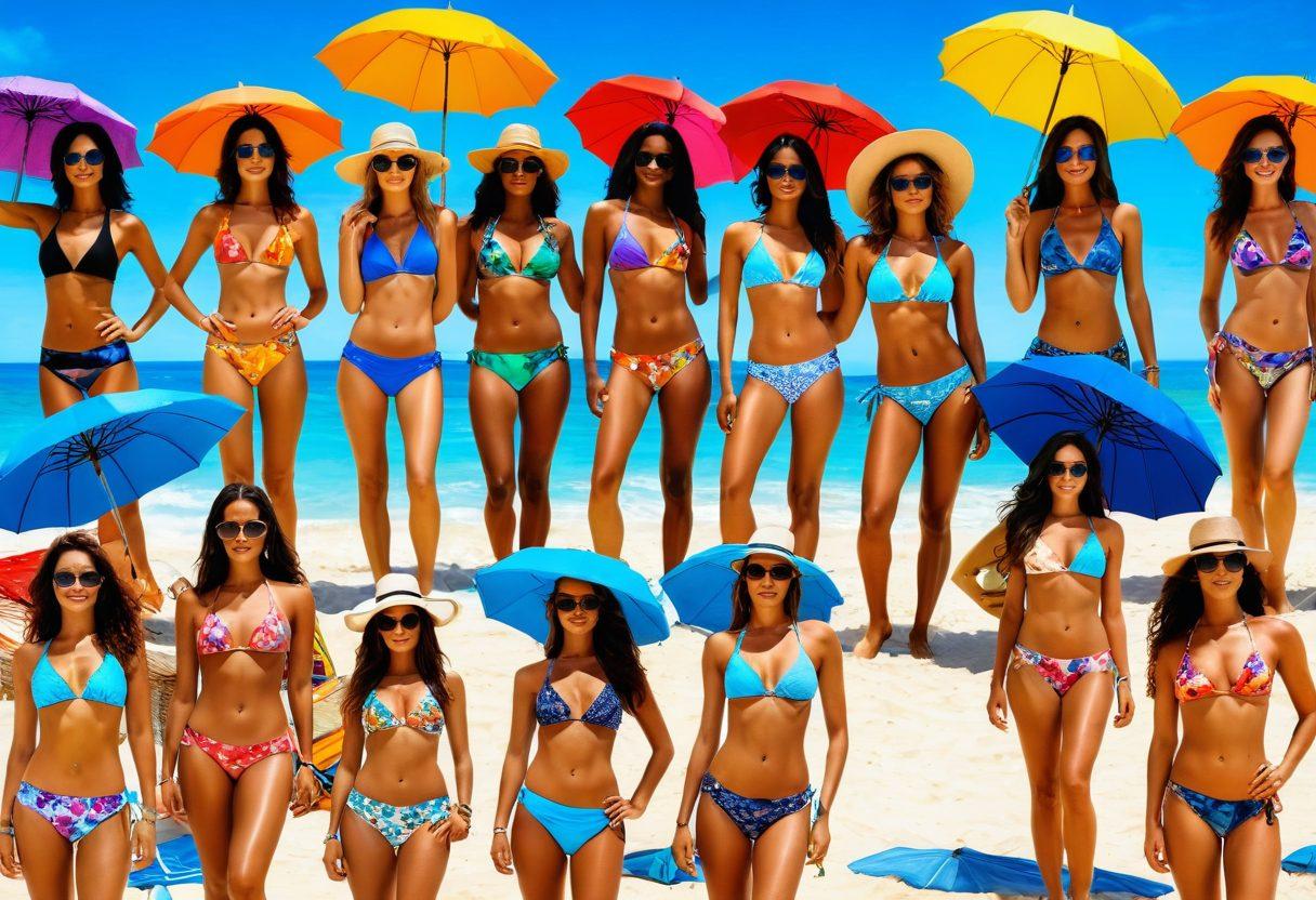 A vibrant summer beach scene showcasing ten different bikini styles on diverse models, each representing a unique look, from floral patterns to bold colors. The setting features bright blue skies, golden sand, and playful waves, with beach accessories like sunglasses and beach hats complementing the outfits. Include palm trees and beach umbrellas in the background for added tropical flair. super-realistic. vibrant colors. sunny atmosphere.